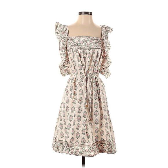 Hannah Artwear Beige Pink Divya Ruffle-Sleeve Floral Cotton Mini Dress 2 US M - Picture 2 of 5